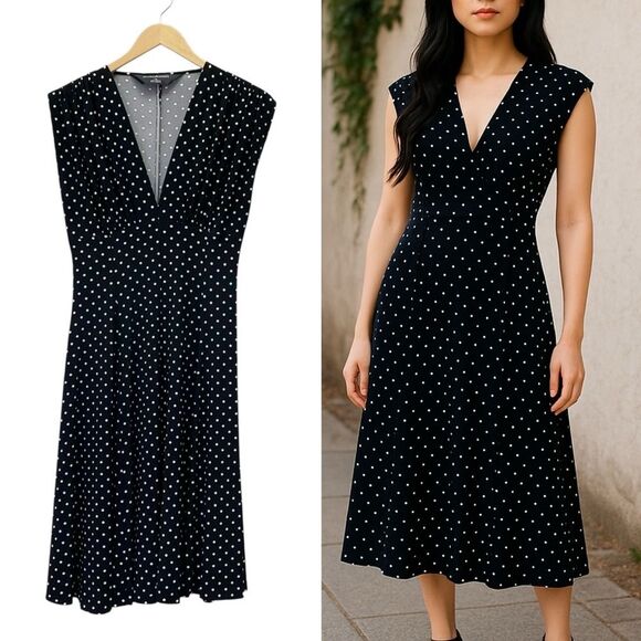 Norma Kamali Black Polka Dot Midi Dress Size Large V-Neck Sleeveless Retro Chic - Picture 11 of 11